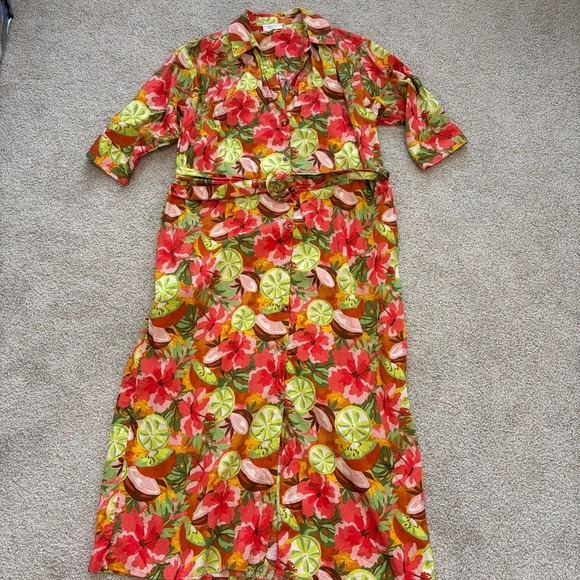 Dress Forum Dresses & Skirts - Dress Forum Maxi Shirt Dress Womens M Orange Green Tropical Resortwear Vacation